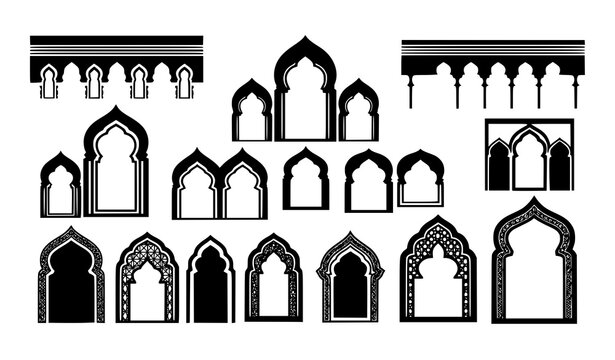 Create a vector illustration set of traditional Islamic window shapes and oriental arches. Include Moroccan gates, mosque door frames, pointed arches, horseshoe arches, and geometric arch windows. Use