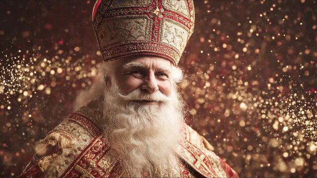 Saint Nicholas's Festive Portrait: A portrait of Saint Nicholas radiates warmth and cheer, captured against a background of twinkling lights, embodying the spirit of generosity.