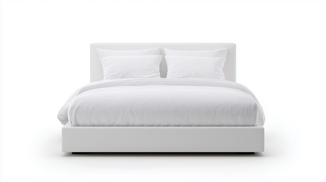 A front view of a luxury-style bed with a tufted white leather headboard and crisp white bedding, isolated on a pure white background for furniture catalog or interior design.