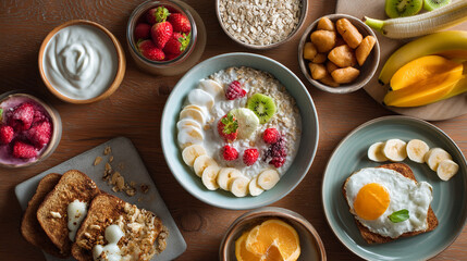 Wholesome and varied healthy breakfast spread with oatmeal, fried eggs, and an array of fresh fruit