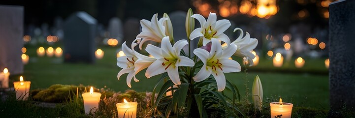 Obraz premium A serene nighttime scene with white lilies and candles