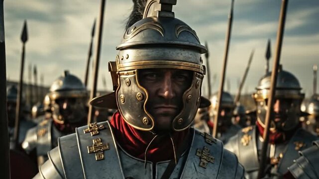 Close-up of armored Roman legionary soldier holding spear in formation