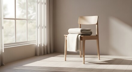 Fototapeta premium A wooden chair with folded blankets in a bright and airy room
