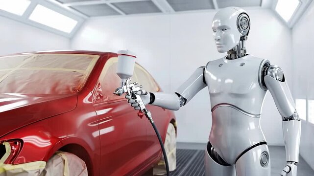 Robot applying red spray paint to car in auto workshop. Sequence shows automated vehicle refinishing from start to finish. Futuristic automotive repair and painting technology concept.