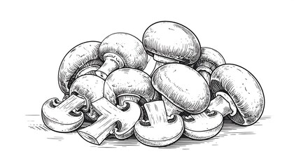 Stack of cremini mushrooms with dark pencil sketch and shading to create light/dark textures