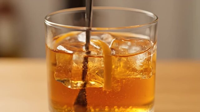 Close Up Glass with Iced Amber Liquor Beverage Garnished with Orange Peel and Stirred with a Spoon on Wood Surface Food