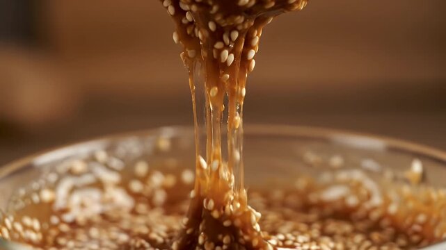 Close Up Macro Shot Of A Spoon Lifting Tahini Paste With Sesame Seeds From A Glass Bowl, Food Preparation And Cooking