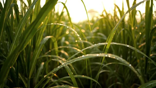 Close up of Dew Drops on Green Sugar Cane Leaves at Sunrise with Golden Light