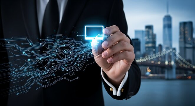 Man in a suit presenting a glowing digital computer icon connected to a circuit board, representing technology, software, or digital solutions.