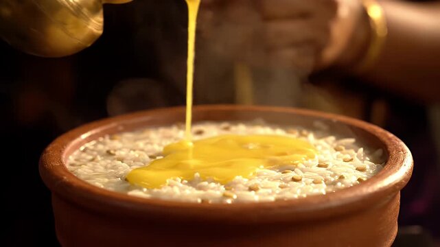 Close-up of Rice Porridge Being Topped with Melted Butter in a Clay Pot
