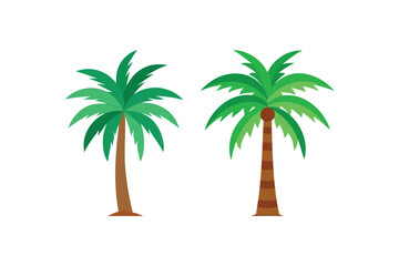 Obraz premium Two cartoonish palm trees with green fronds and brown trunks against a clean white backdrop