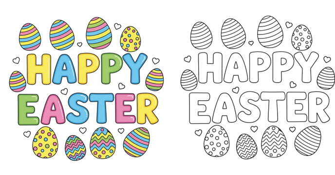 Happy Easter lettering with decorative eggs vector illustration, colorful cartoon design and black and white outline for coloring book page.