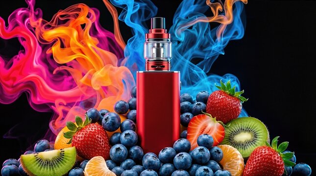 Vibrant vape device surrounded by an array of fresh fruits, with colorful smoke swirling in the background, creating a dynamic and enticing atmosphere for modern vaping culture