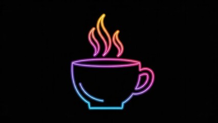 Fototapeta premium Vibrant neon glowing coffee cup with colorful steam against a dark background, a modern beverage