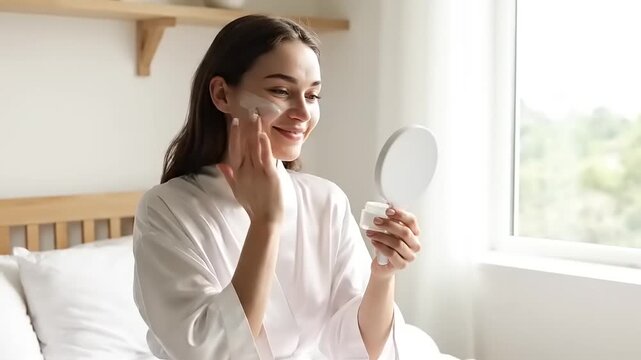 Woman Applying Skincare Product to Her Face in Morning Routine