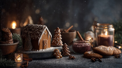 Magical Gingerbread House and Christmas Cookies with Festive Decor and Candles