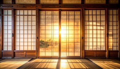 Sunlight streams through the rice paper doors of a traditional Japanese home, casting long shadows on the tatami mats