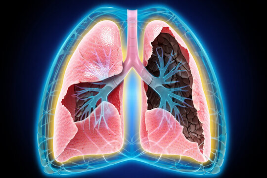 Futuristic Progeria Treatment Hologram Diseased lungs with dark damaged tissue contrasted with
