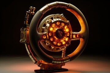 Fototapeta premium Intricate illuminated steering wheel sculpture glowing against a dark background, showcasing craftsmanship and automotive art