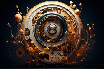Circular clockwork mechanism with delicate orange flowers growing and intertwining, blending nature and technology