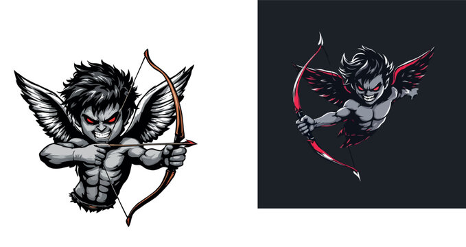 Vsai evil cherub archer aiming bow and arrow with fierce expression