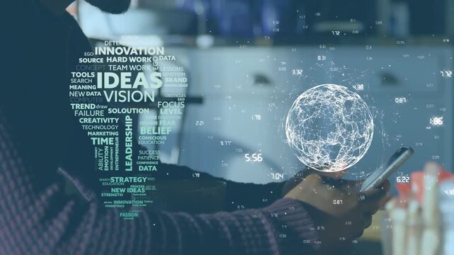 Animation of globe with numbers, text forming light bulb over african american man using cellphone