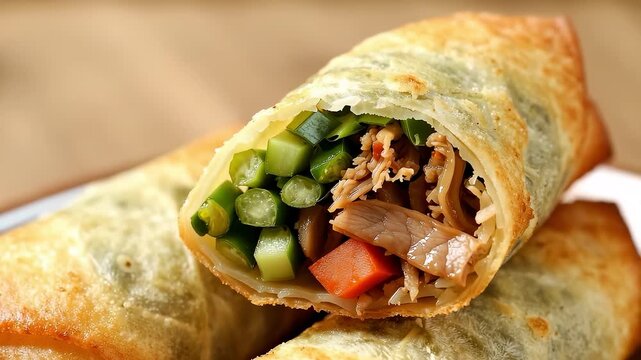 Macro shot of golden crispy traditional spring rolls