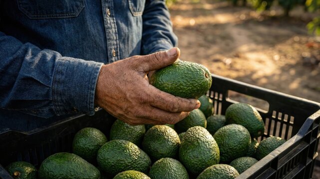 Close up of farmer hands holding fresh organic avocado over a crate during harvest in the orchard.