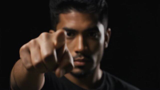 Man pointing forward at the viewer, signaling direction, focus, leadership, or instruction in a dramatic visual style.
