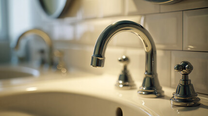 Elegant Chrome Bathroom Faucet and Handles on a White Sink with Subway Tiles