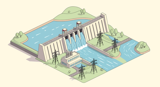 Isometric View of Hydroelectric Power Dam Generating Clean Energy on a River with Power Lines and Green Landscape.