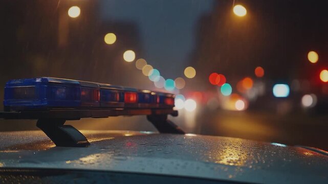 Flashing police car lights reflecting on wet pavement at night, signaling emergency response and urban security.