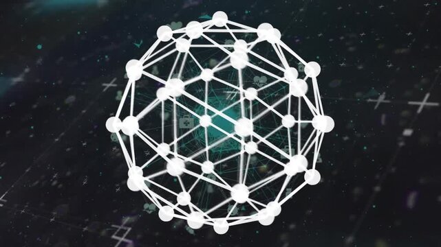 Animation of globe with network of connections over geometric shield