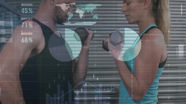 Animation of financial data processing over caucasian couple lifting weights