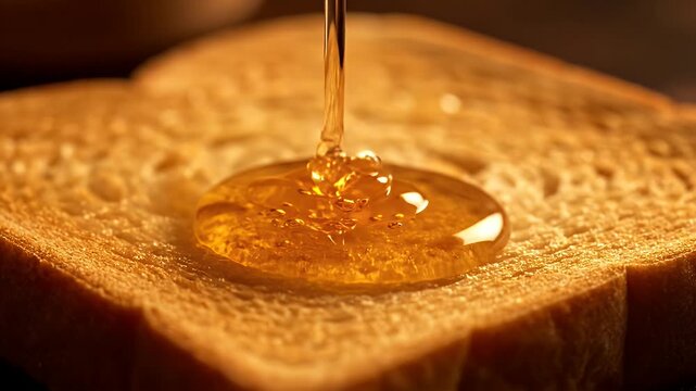 Golden Honey Drizzling Onto a Freshly Toasted Bread Slice for Breakfast