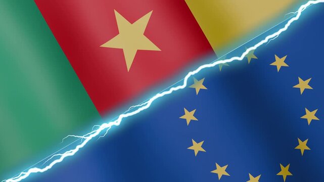 Two waving flags Cameroon and European Union with diagonal lightning seamless, 4k loop