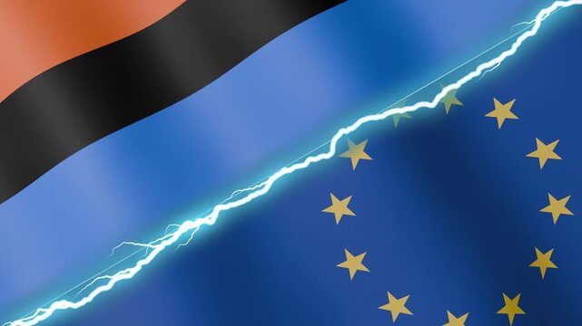 Two waving flags Chagos Islands and European Union with diagonal lightning seamless, 4k loop