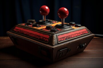 Red and orange custom made arcade joystick featuring two red ball top handles and multiple buttons, evoking nostalgia for classic arcade gaming