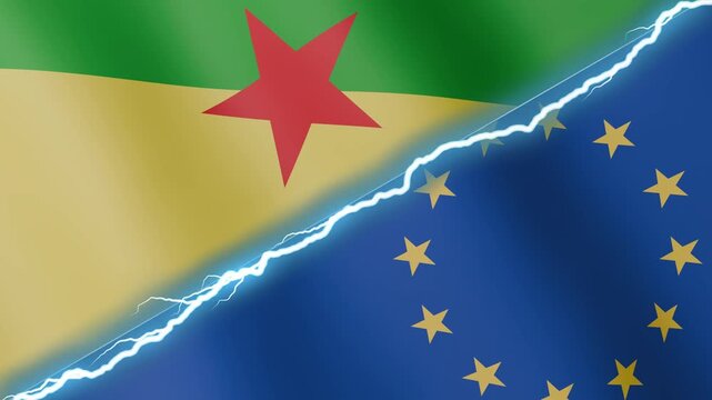 Two waving flags French Guiana and European Union with diagonal lightning seamless, 4k loop