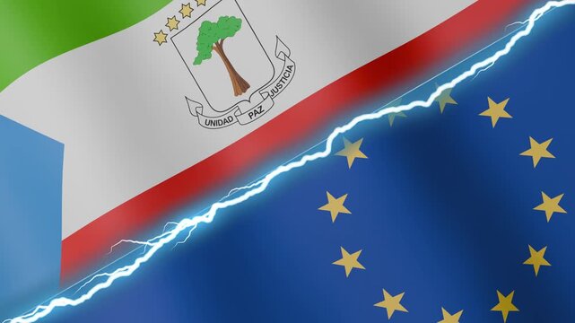 Two waving flags Equatorial Guinea and European Union with diagonal lightning seamless, 4k loop