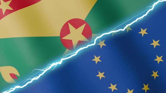 Two waving flags Grenada and European Union with diagonal lightning seamless, 4k loop