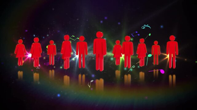 Digital animation of colorful light trails spinning against silhouette of people dancing