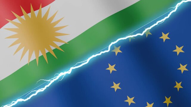 Two waving flags Kurdistan and European Union with diagonal lightning seamless, 4k loop