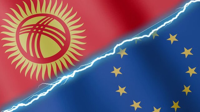 Two waving flags Kyrgyzstan and European Union with diagonal lightning seamless, 4k loop
