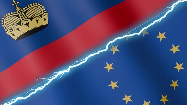 Two waving flags Liechtenstein and European Union with diagonal lightning seamless, 4k loop