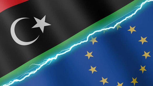 Two waving flags Libya and European Union with diagonal lightning seamless, 4k loop