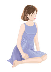 床に横座りして見つめる少女イラスト