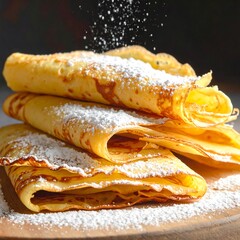 Stack of folded crepes with powdered sugar dusting, atop a wooden board, soft lighting, inviting