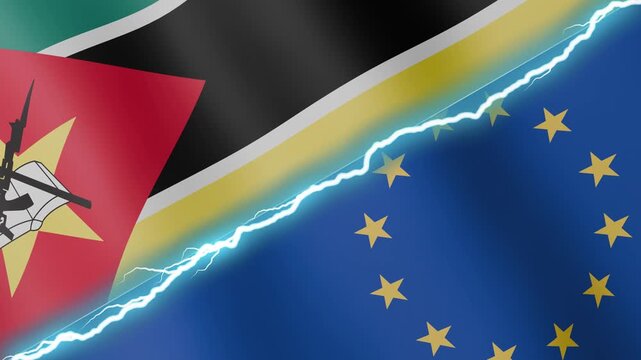 Two waving flags Mozambique and European Union with diagonal lightning seamless, 4k loop