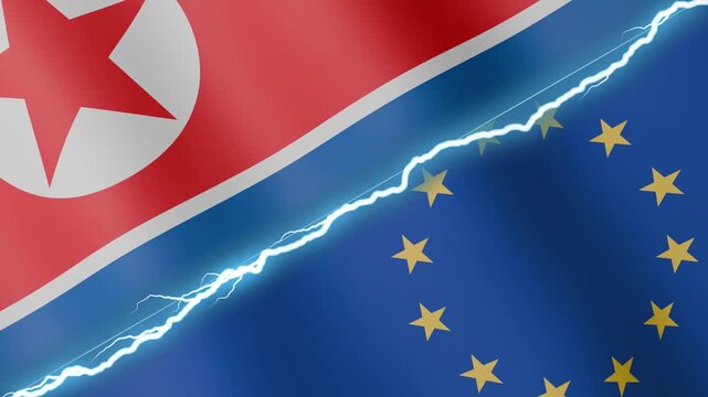 Two waving flags North Korea and European Union with diagonal lightning seamless, 4k loop